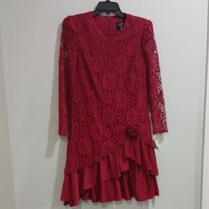 Sears Red Asymmetrical Ruffled Long Sleeve Dress